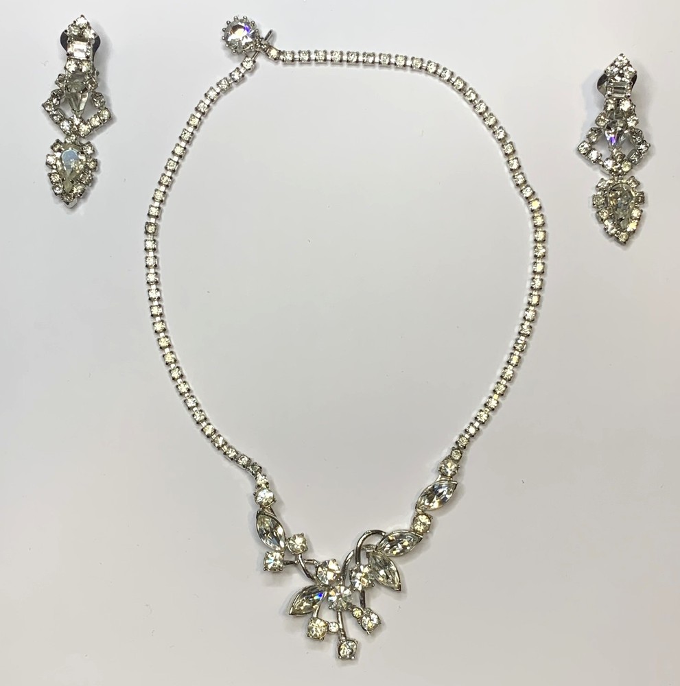 Vintage Choker Necklace Clear Rhinestone Silver Tone Asymmetrical w/ Earrings