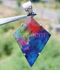 Natural Ammolite Doublet Opal 69.45 Ct Kite Shape Silver Pendant Free Chain 6AGW