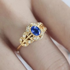 Vintage Flower Ring for Her 14k Yellow Gold Plated Oval Lab Created Sapphire