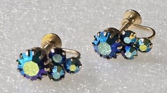 Vintage Purple Blue Aurora Borealis Rhinestones Brass Screw Back Earrings