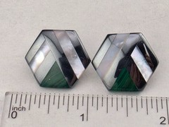 Vintage Hematite Mother of Pearl Malachite Mosaic Hexagon Pierced Earrings