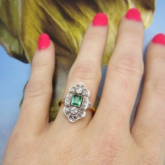 Vintage Style Edwardian Emerald and Lab Created Diamond Ring In 14k Gold Finish