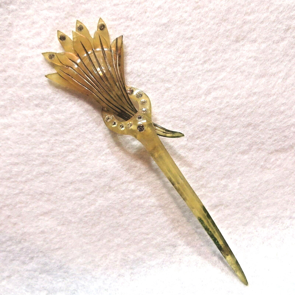 Vintage Art Deco Brooch Pin Plastic with Rhinestones 5″ long
