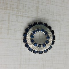 Vintage Small Silver Tone Circle Brooch With Dark Blue Rhinestones