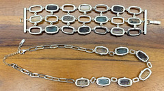 Monet Multi Colored Cabochon Necklace with Wide Chunky Bracelet Silver Tone Set