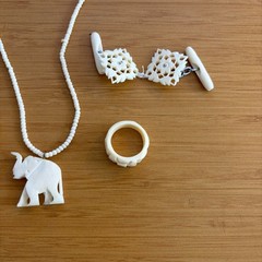 VTG White Carved Elephant Jewelry Lot Necklace Ring Pendant Cufflinks Keychain