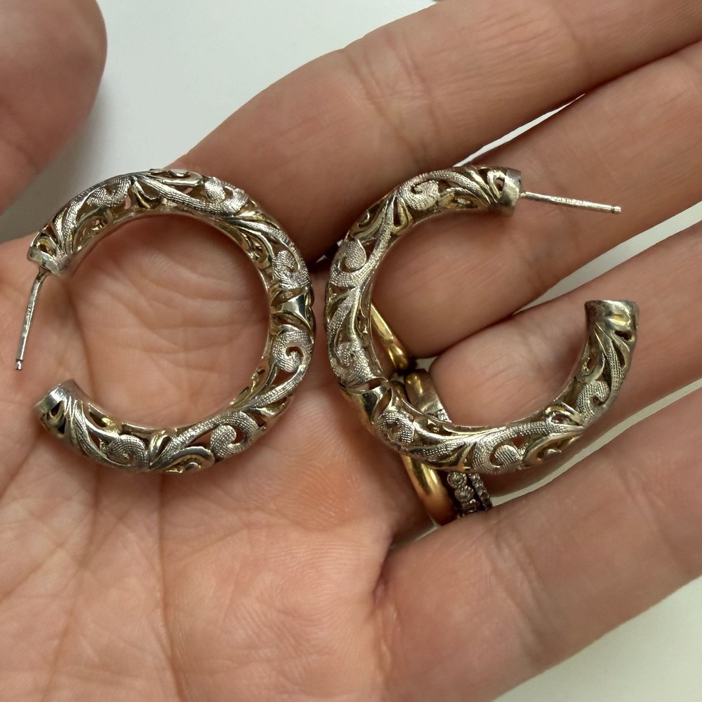Vintage .925 Sterling Silver Filigree Scroll Hoop Earrings