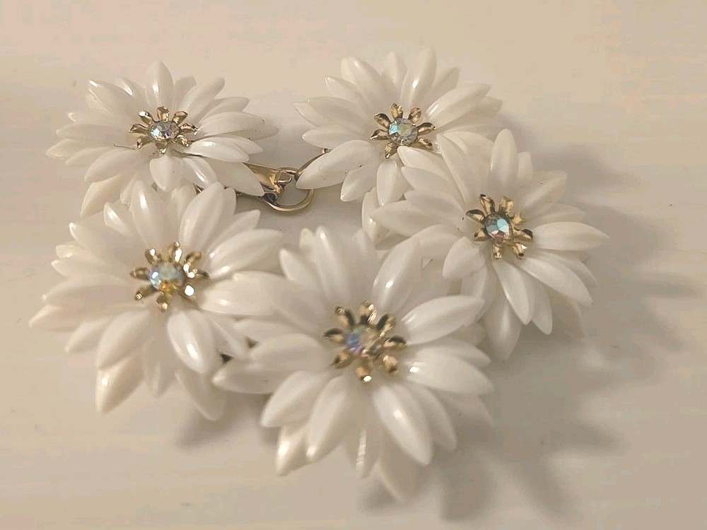 One Vintage Coro Bracelet 5 Link White Daisy Rhinestone Center 6″ (2 Available)