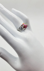 Women’s Silver Tone Oval Simulated Stone Red Pink Yellow Green Ring Size 7.5
