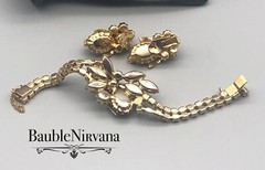 VTG Juliana AB Iridescent Peacock Blue&Green Gold Leaves Bracelet&Earrings Set