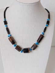 Vintage Natural Hawaii Black Coral Necklace Irregular Barrel Beads w/ Turquoise