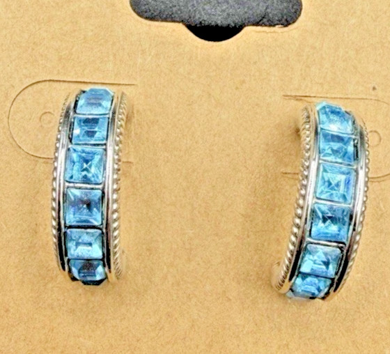Signed Swarovski Blue Crystal Channel Set Earrings Gold Tone Semi Hoop