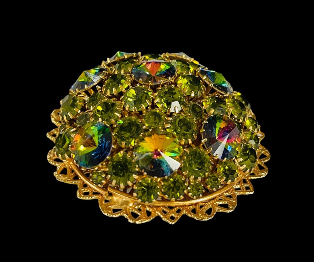 LARGE VINTAGE WATERMELON RIVOLI RHINESTONE BROOCH PIN DOMED HIGH END GORGEOUS!