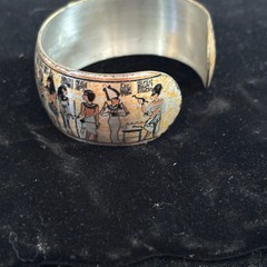 Vintage Egyptian Revival Hieroglyphic Cuff Bracelet Silver Tone Ancient Egypt