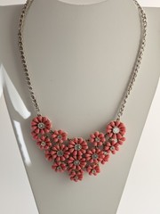Vintage Charming Charlie Pink Coral Flower Petal Statement Necklace Rhinestones