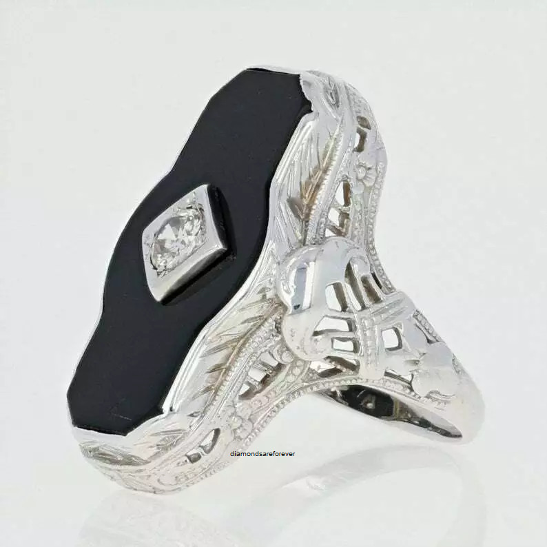 Art Deco Black Onyx & Mine Cut Cubic Zirconia 18.26TCW Filigree Milgrain Ring