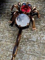 10K Rose Gold Antique Spider Stick Pin Sapphires Ruby Moonstone Victorian Rare!!