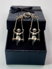 Vintage Estate Cherub Earrings Silvertone Angels On Swing Lever Back Renaissance