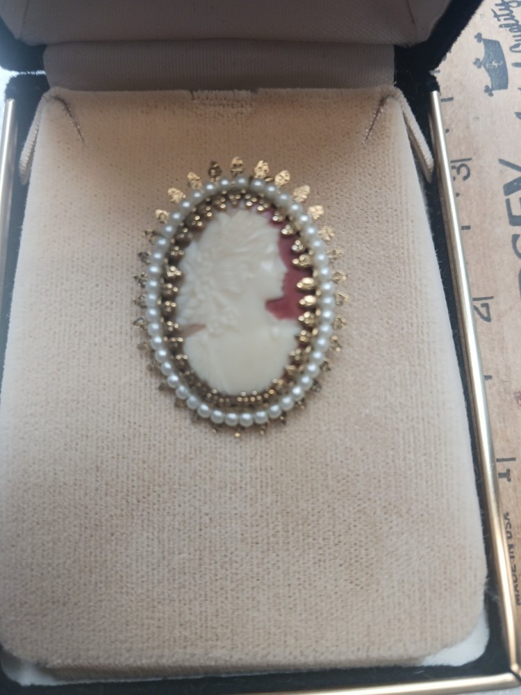 Vintage Cameo Brooch Old Antique Ladies Jewelry Pendant In Box