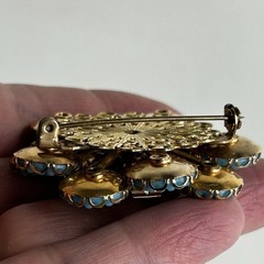 Vtg Mid Century Turquoise Blue Floral Statement Brooch Gold Tone 1960’s Couture