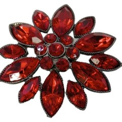 Vintage Floral Red Rhinestone Brooch Marquise Sunburst Gunmetal Pin 1 1/2 in D