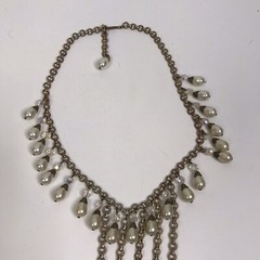 Vintage Art Deco Brass Glass Dangler Faux Pearl Statement Necklace