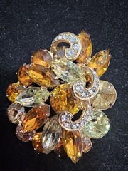 Vintage Eisenberg Amber Rhinestone Brooch Gold Tone