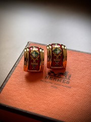 Hermes Vintage Enamel Clip On Hoop Earrings With Box