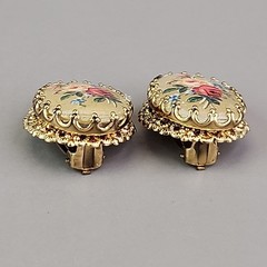Vintage Flower Clip On Earrings Glass Transferware Germany Gold Tone Filigree