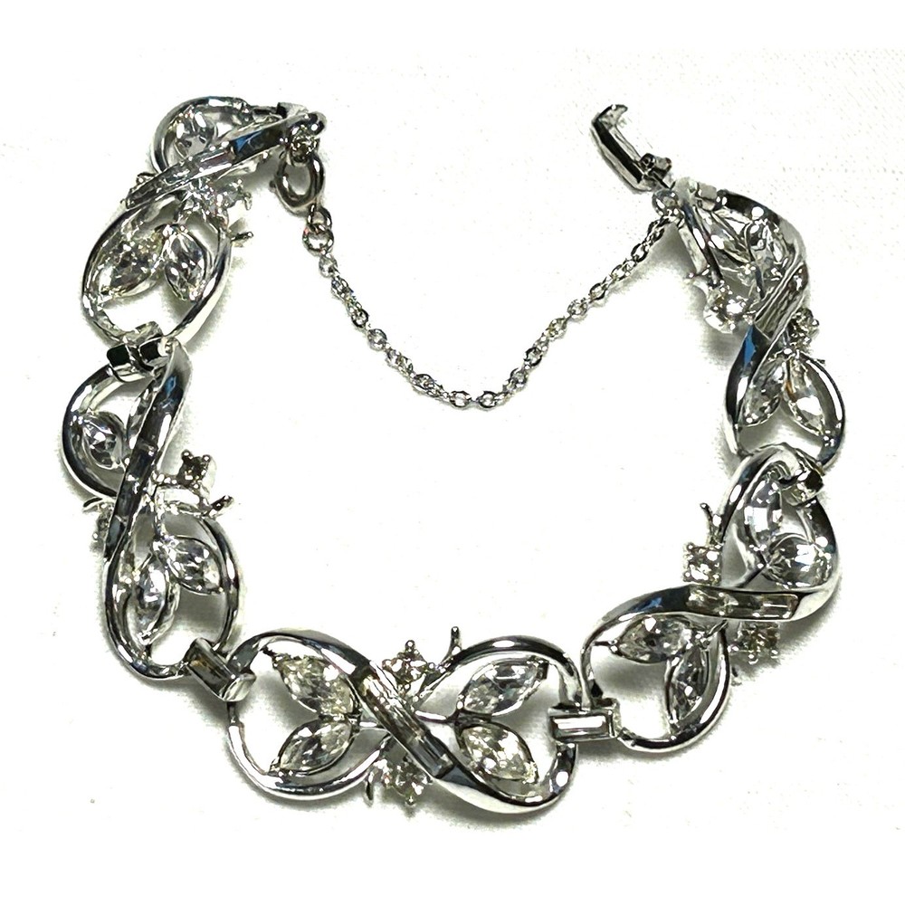 Vintage Coro Floral Infinity Link Rhinestone Bracelet Silver Tone 1950s