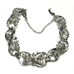Vintage Coro Floral Infinity Link Rhinestone Bracelet Silver Tone 1950s