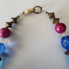Vintage Sun Pendant Beaded Necklace Multi Color & Blue Beads Gold Tone See Pic *