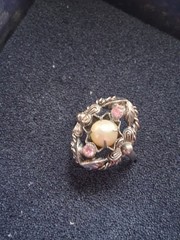 Western Germany pearl & pink rhinestone silver-toned floral ring. SZ 5.75