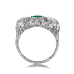 Antique Green Emerald & Lab Created Diamond Three-Stone Wedding 925 Silver Ring