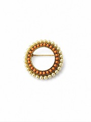 Vintage MCM Faux Pearl Coral Circle Brooch Gold Tone Mid Century Modern Pin