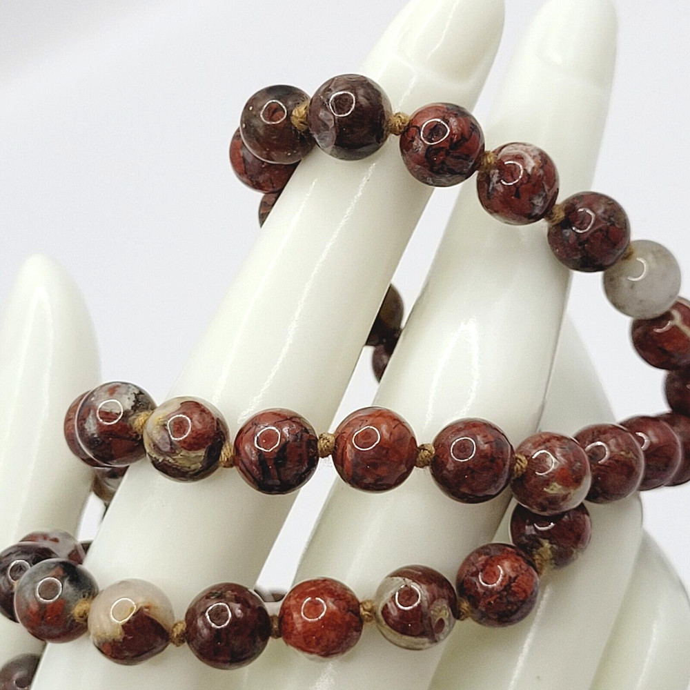 Jasper Stone Varied Brown Hues Hand Knotted Beaded Over the Head Necklace 30 In