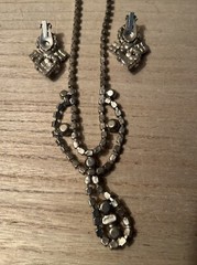 vintage rhinestone necklace & Clip Earrings; Missing One Stone As Pictured