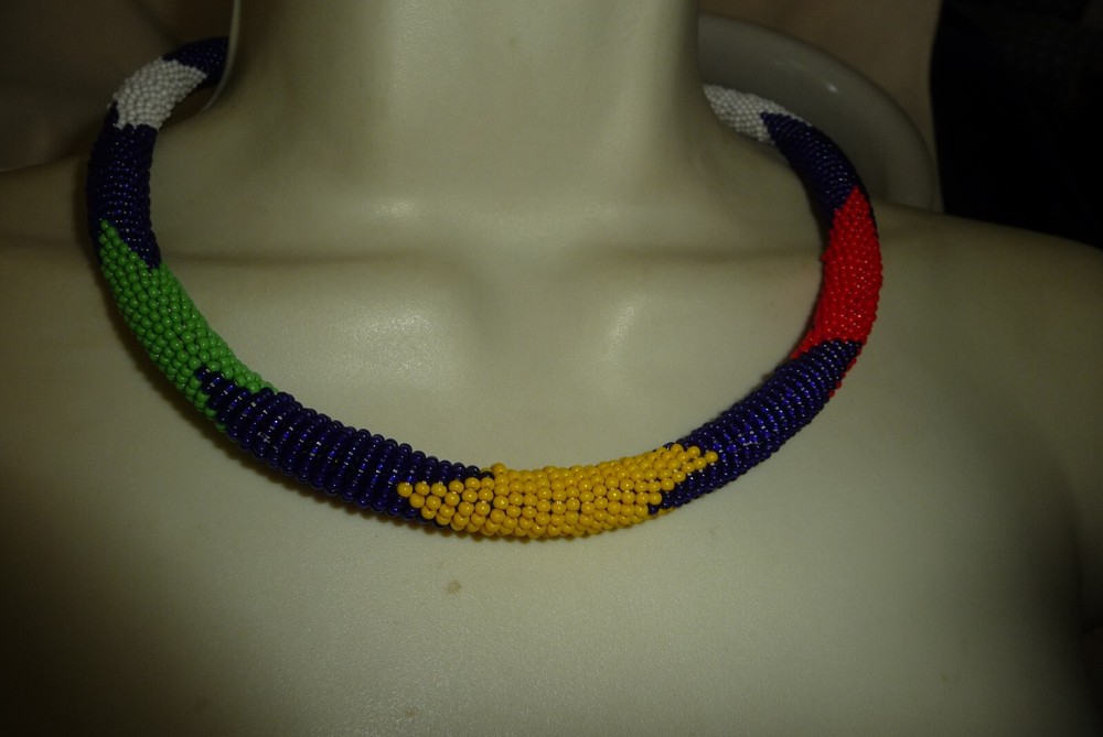 #152A NECKLACE WRAP AROUND NECK BLUE WHITE GREEN RED YELLOW MICRO SEED BEADS