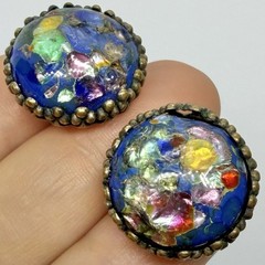 Vtg Old Confetti Glass Blue Foil Cabochon Brass Huggie Chunky Earrings Clip-on