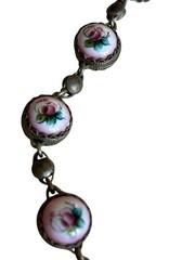 Vtg Hand Painted Enamel Rostov Finift USSR necklace flowers Oxidized Station 21″