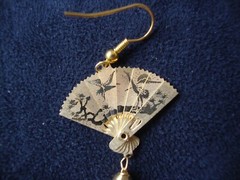 Vintage 1970s Enchanting Chinese Phoenix & Crane Etched Folding Fan Hook Earring