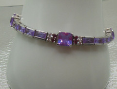 Purple Glass & Pink Topaz Sterling Silver Tennis Bracelet Marked R 7.5″ Long