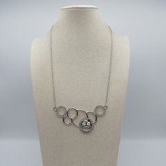 Owl AB Rhinestones Moonglow Cabochon Necklace Silver Tone Statement