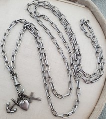 Antique Victorian Love Faith Hope Fob Charm Watch Chain 33″ Necklace Dog Clip
