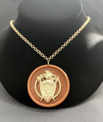 Vintage Gold Tone Coat of Arms Lion Wooden 2.25 Diameter Medallion Necklace