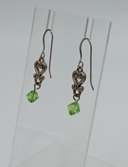 VTG 925 Green Bicone Crystal Earrings 1.25in Drop Sterling Silver Heart Scroll