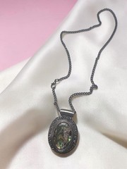 Vintage Silver Tone Abalone Shell Oval Pendant Necklace Boho Statement Jewelry