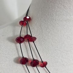 Nine West Multi-Strand Necklace Gunmetal-Tone Chain Red Beads White Rhinestones