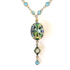 Vtg Swarovski Crystal Necklace Vitrail Glass Pendant Antique Brass Artisan Made