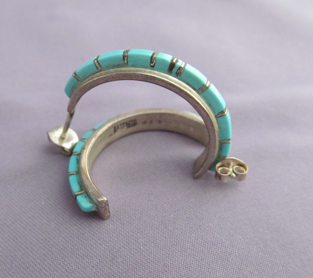 VINTAGE OLD PAWN STERLING ZUNI NASTACIO INLAY TURQUOISE PIERCED HOOP EARRINGS